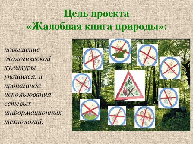Цель проекта  «Жалобная книга природы»:  повышение экологической культуры учащихся, и пропаганда использования сетевых информационных технологий. 