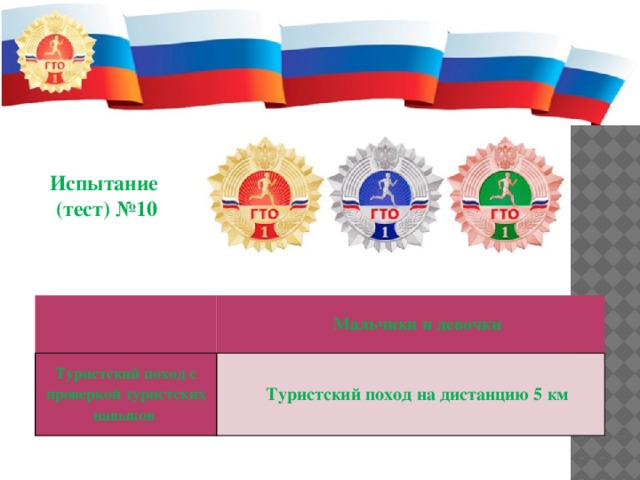Испытание (тест) №10   Туристский поход с проверкой туристских навыков Мальчики и девочки Туристский поход на дистанцию 5 км 