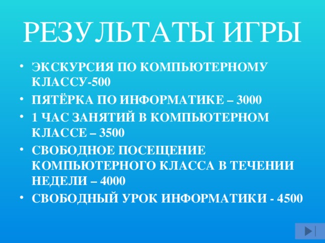 РЕЗУЛЬТАТЫ ИГРЫ ЭКСКУРСИЯ ПО КОМПЬЮТЕРНОМУ КЛАССУ-500 ПЯТЁРКА ПО ИНФОРМАТИКЕ – 3000 1 ЧАС ЗАНЯТИЙ В КОМПЬЮТЕРНОМ КЛАССЕ – 3500 СВОБОДНОЕ ПОСЕЩЕНИЕ КОМПЬЮТЕРНОГО КЛАССА В ТЕЧЕНИИ НЕДЕЛИ – 4000 СВОБОДНЫЙ УРОК ИНФОРМАТИКИ - 4500 
