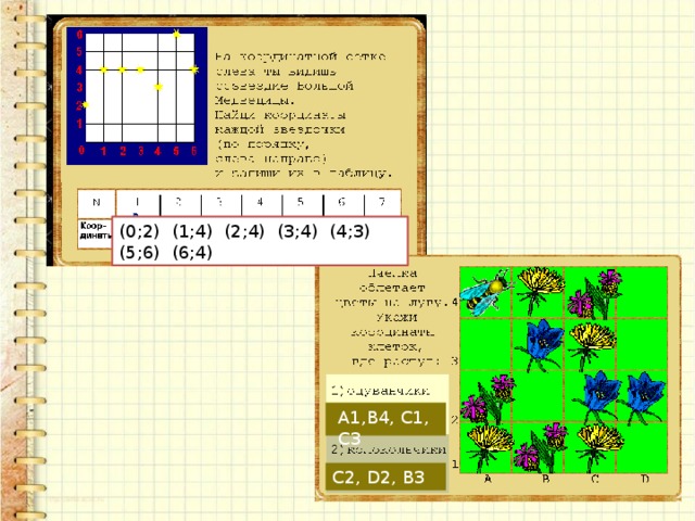 (0;2) (1;4) (2;4) (3;4) (4;3) (5;6) (6;4) А1,B4, С1, С3 С2, D2, В3 