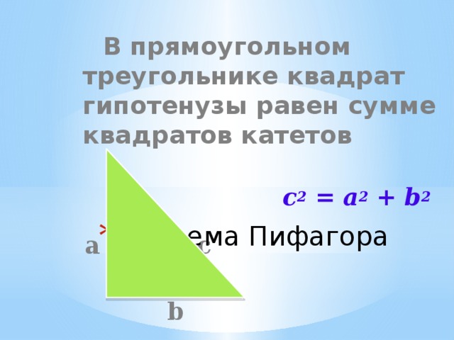  В прямоугольном треугольнике квадрат гипотенузы равен сумме квадратов катетов   c 2 = a 2 + b 2  a  c   b Теорема Пифагора 