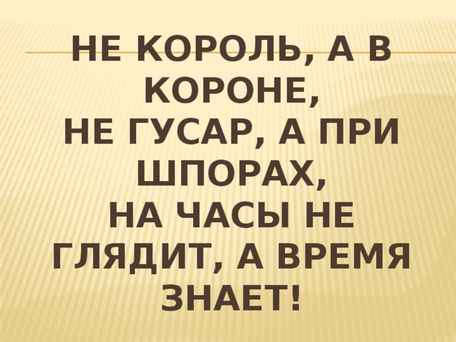 Не король, а в короне,  не гусар, а при шпорах,  На часы не глядит, а время знает! 