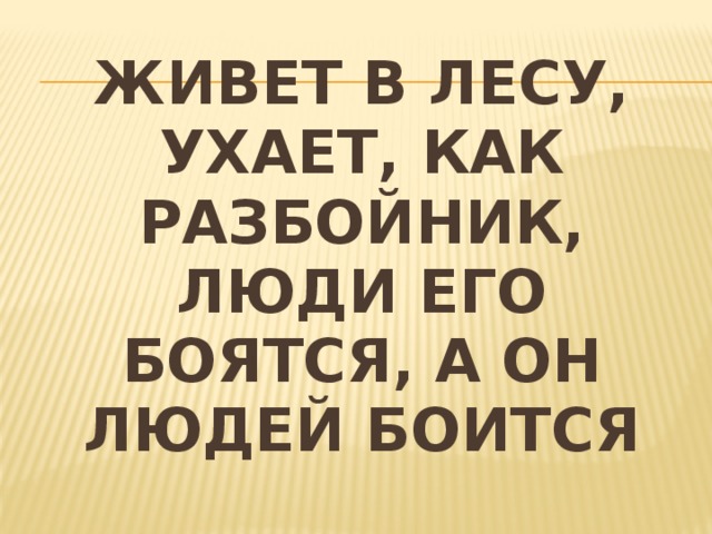 Живет в лесу, ухает, как разбойник, люди его боятся, а он людей боится 