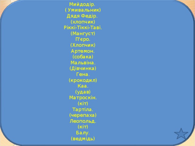 Мийдодір. ( Умивальник) Дядя Федір. (хлопчик) Ріккі-Тіккі-Таві. (Мангуст) П'єро. (Хлопчик) Артемон. (собака) Мальвіна. (Дівчинка) Гена. (крокодил) Каа. (удав) Матроскін. (кіт) Тартіла. (черепаха) Леопольд. (кіт) Балу. (ведмідь) 