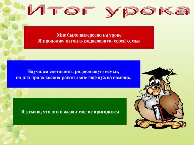 Мне было интересно на уроке Я продолжу изучать родословную своей семьи Научился составлять родословную семьи, но для продолжения работы мне ещё нужна помощь. Я думаю, что это в жизни мне не пригодится 