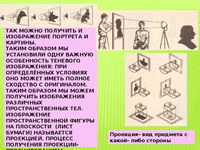 Забавные тени получаемые с помощью пальцев рук.  Так можно получить и изображение портрета и картины.  Таким образом мы установили одну важную особенность теневого изображения: при определённых условиях оно может иметь полное сходство с оригиналом. Таким образом мы можем получить изображения различных пространственных тел. Изображение пространственной фигуры на плоскости (лист бумаги) называется проекцией. Процесс получения проекции- проецированием (рисунок, фотография, технический чертёж, тени. Проекция- вид предмета с какой- либо стороны  