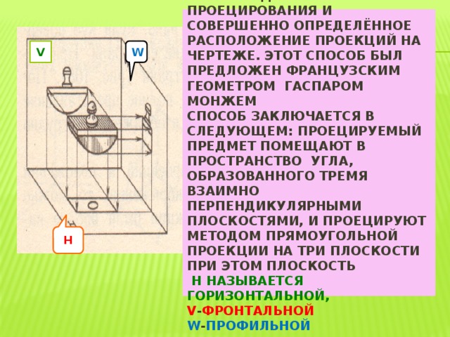 H Теперь во всех странах мира принят одинаковый способ проецирования и совершенно определённое расположение проекций на чертеже. Этот способ был предложен французским геометром Гаспаром Монжем  способ заключается в следующем: проецируемый предмет помещают в пространство угла, образованного тремя взаимно перпендикулярными плоскостями, и проецируют методом прямоугольной проекции на три плоскости  При этом плоскость   Н  называется ГОРИЗОНТАЛЬНОЙ,  V - ФРОНТАЛЬНОЙ  W - ПРОФИЛЬНОЙ V W 