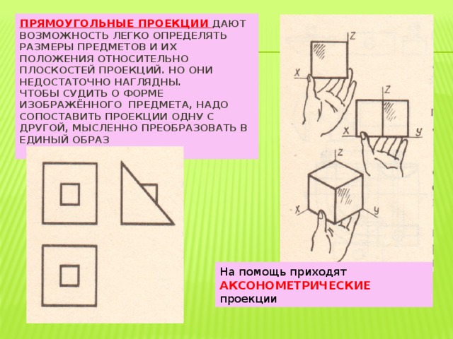Прямоугольные проекции дают возможность легко определять размеры предметов и их положения относительно плоскостей проекций. Но они недостаточно наглядны.  Чтобы судить о форме изображённого предмета, надо сопоставить проекции одну с другой, мысленно преобразовать в единый образ   На помощь приходят АКСОНОМЕТРИЧЕСКИЕ проекции 