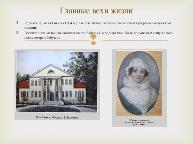 Главные вехи жизни Родился 20 мая (1 июня) 1804 года в селе Новоспасском Смоленской губернии в отцовском имении. Воспитанием мальчика занималась его бабушка, а родная мать была допущена к сыну только после смерти бабушки. 