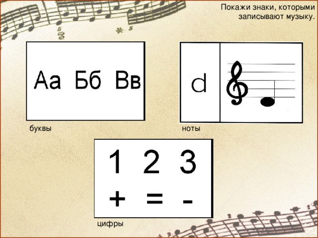 Покажи знаки, которыми записывают музыку. буквы ноты цифры 