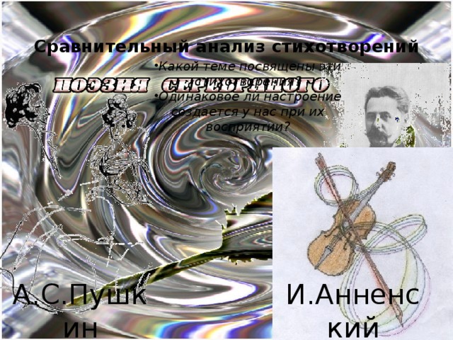 Сравнительный анализ стихотворений Какой теме посвящены эти стихотворения? Одинаковое ли настроение создается у нас при их восприятии? А.С.Пушкин И.Анненский К*** «Смычок и струны» 