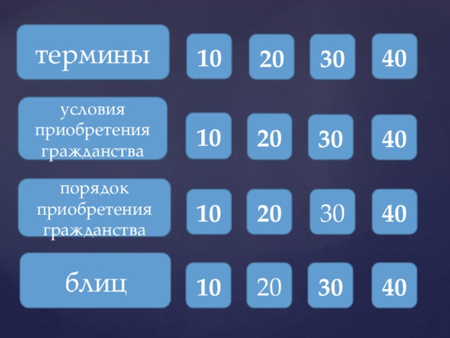 термины 40 10 20 30 условия приобретения гражданства 10 20 30 40 порядок приобретения гражданства 40 30 20 10 блиц 10 20 30 40 