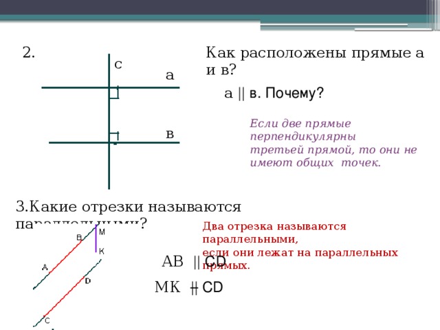 Как расположены прямые а и в? 2. с а а || в. Почему? Если две прямые перпендикулярны третьей прямой, то они не имеют общих точек.  в 3.Какие отрезки называются параллельными? Два отрезка называются параллельными, если они лежат на параллельных прямых. АВ || СD МК || СD  