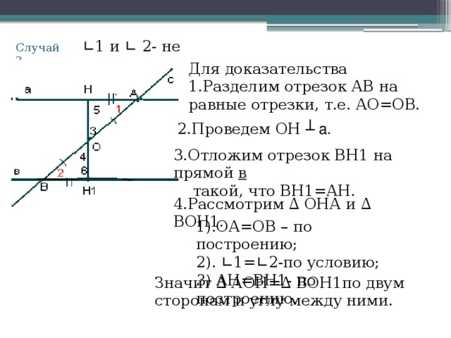  ∟ 1 и ∟ 2- не прямые. Случай 2. Для доказательства 1.Разделим отрезок АВ на равные отрезки, т.е. АО=ОВ. 2.Проведем ОН ┴ а. 3.Отложим отрезок ВН1 на прямой в  такой, что ВН1=АН. 4.Рассмотрим ∆ ОНА и ∆ ВОН1. 1).ОА=ОВ – по построению; 2). ∟ 1= ∟ 2-по условию; 3) АН=ВН1- по построению. Значит ∆ АОН=∆ ВОН1по двум сторонам и углу между ними. 