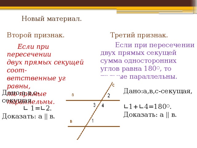 Новый материал. Второй признак. Третий признак.  Если при пересечении двух прямых секущей сумма односторонних углов равна 180 ○ , то прямые параллельны.  Если при пересечении двух прямых секущей соот- ветственные углы равны, то прямые параллельны. Дано:а,в,с-секущая,  ∟ 1+ ∟ 4=180 ○ . Доказать: а || в. Дано:а,в,с-секущая  ∟  1= ∟ 2. Доказать: а || в. 