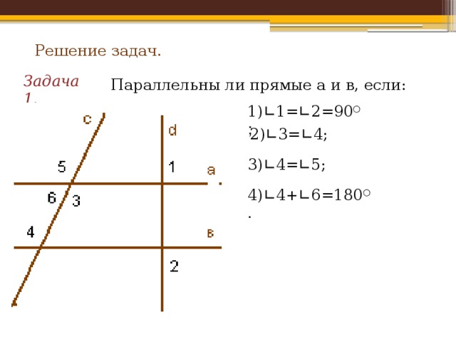 Решение задач. Задача 1. Параллельны ли прямые а и в, если: 1) ∟ 1= ∟ 2=90 ○ ;  2) ∟ 3= ∟ 4; 3) ∟ 4= ∟ 5; 4) ∟ 4+ ∟ 6=180 ○ . 