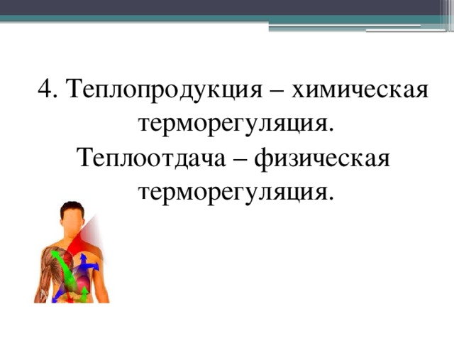 4. Теплопродукция – химическая терморегуляция. Теплоотдача – физическая терморегуляция. 