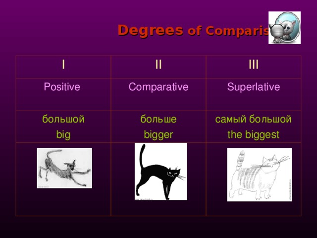  Degrees of Comparison I II Positive III Comparative большой big больше bigger Superlative самый большой the biggest 