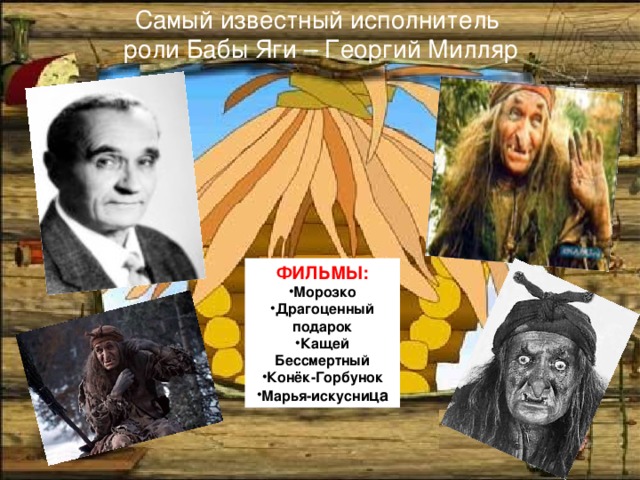 Самый известный исполнитель  роли Бабы Яги – Георгий Милляр ФИЛЬМЫ: Морозко Драгоценный подарок Кащей Бессмертный Конёк-Горбунок Марья-искусни ца 