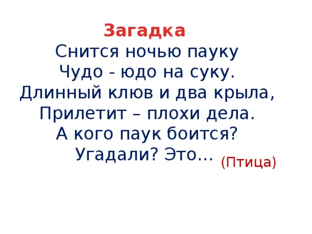 Загадка   Снится ночью пауку  Чудо - юдо на суку.  Длинный клюв и два крыла,  Прилетит – плохи дела.  А кого паук боится?  Угадали? Это… (Птица) 