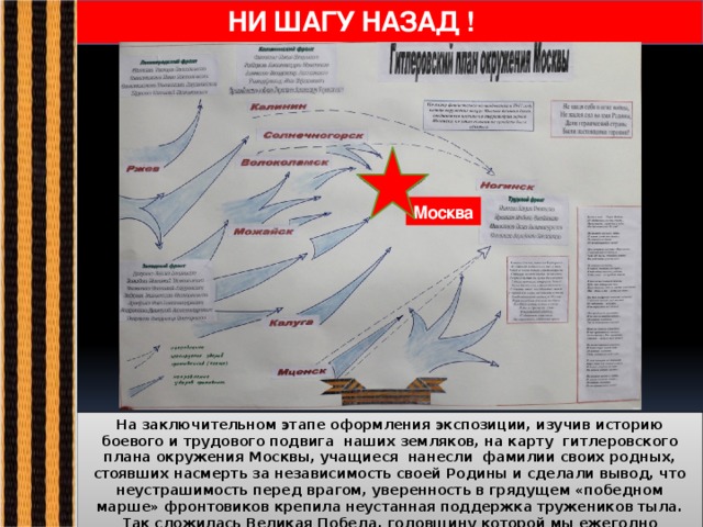 НИ ШАГУ НАЗАД ! Москва На заключительном этапе оформления экспозиции, изучив историю боевого и трудового подвига наших земляков, на карту гитлеровского плана окружения Москвы, учащиеся нанесли фамилии своих родных, стоявших насмерть за независимость своей Родины и сделали вывод, что неустрашимость перед врагом, уверенность в грядущем «победном марше» фронтовиков крепила неустанная поддержка тружеников тыла. Так сложилась Великая Победа, годовщину которой мы ежегодно отмечаем 9 мая как всенародный праздник.  