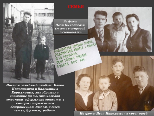 семья На фото: Иван Николаевич вместе с супругой и сыновьями Листая семейный альбом Ивана Николаевича и Валентины Кирилловны, мы обратили внимание на то, что каждая страница оформлена стихами, в которых отражается безграничная любовь к своей семье, друзьям, работе.  На фото: Иван Николаевич в кругу своей семьи  