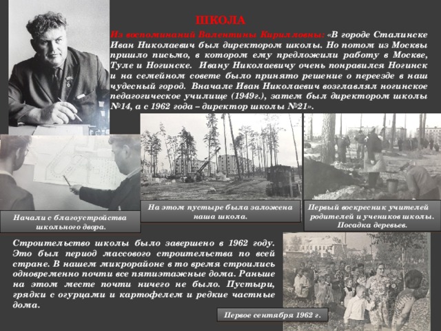 школа Из воспоминаний Валентины Кирилловны: «В городе Сталинске Иван Николаевич был директором школы. Но потом из Москвы пришло письмо, в котором ему предложили работу в Москве, Туле и Ногинске. Ивану Николаевичу очень понравился Ногинск и на семейном совете было принято решение о переезде в наш чудесный город. Вначале Иван Николаевич возглавлял ногинское педагогическое училище (1949г.), затем был директором школы №14, а с 1962 года – директор школы №21». На этом пустыре была заложена наша школа. Первый воскресник учителей  родителей и учеников школы. Посадка деревьев. Начали с благоустройства  школьного двора. Строительство школы было завершено в 1962 году. Это был период массового строительства по всей стране. В нашем микрорайоне в то время строились одновременно почти все пятиэтажные дома. Раньше на этом месте почти ничего не было. Пустыри, грядки с огурцами и картофелем и редкие частные дома. Первое сентября 1962 г. 