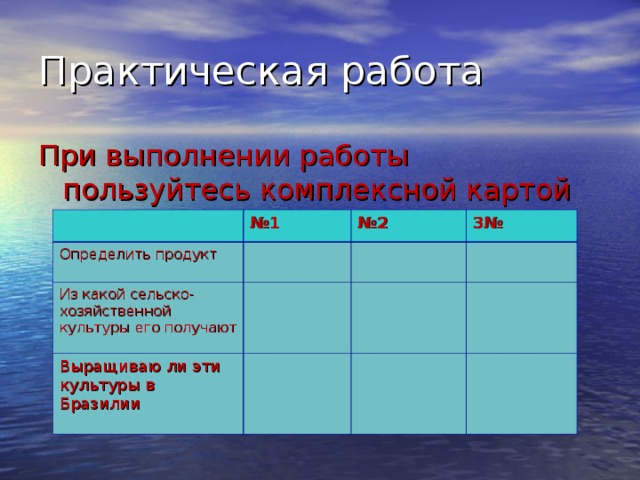 При выполнении работы пользуйтесь комплексной картой Южной Америки № 1 Определить продукт № 2 Из какой сельско-хозяйственной культуры его получают 3№ Выращиваю ли эти культуры в Бразилии 