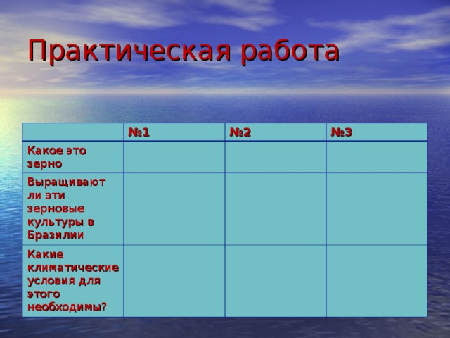 Практическая работа № 1 Какое это зерно № 2 Выращивают ли эти зерновые культуры в Бразилии № 3 Какие климатические условия для этого необходимы? 