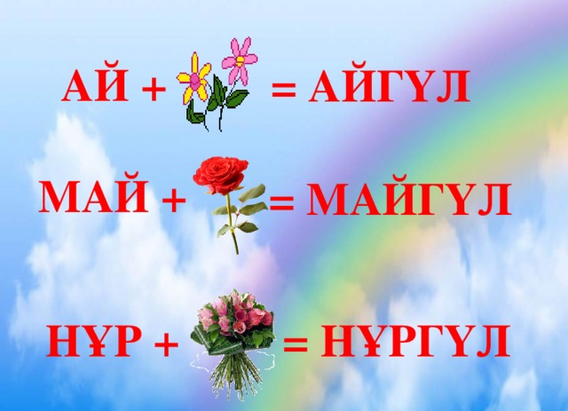 АЙ + = АЙГҮЛ МАЙ + = МАЙГҮЛ НҰР + = НҰРГҮЛ 