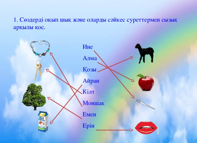 1. Сөздерді оқып шық және оларды сәйкес суреттермен сызық арқылы қос. Ине Алма Қозы Айран Кілт Моншақ Емен Ерін 