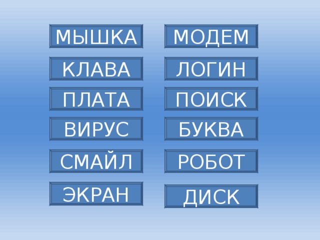 МОДЕМ МЫШКА ЛОГИН КЛАВА ПЛАТА ПОИСК ВИРУС БУКВА СМАЙЛ РОБОТ ЭКРАН ДИСК