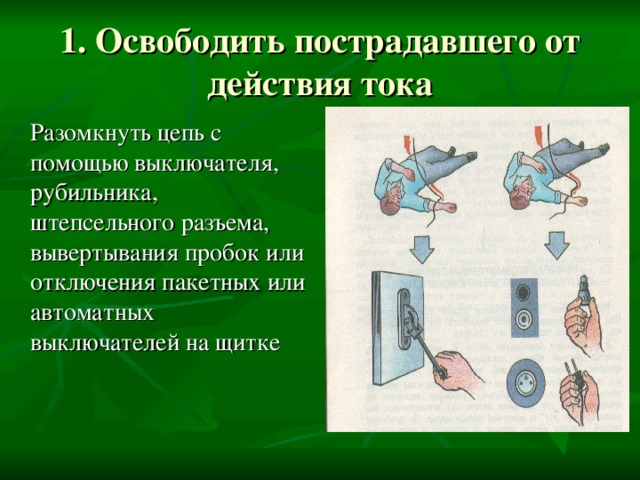 1. Освободить пострадавшего от действия тока  Разомкнуть цепь с помощью выключателя, рубильника, штепсельного разъема, вывертывания пробок или отключения пакетных или автоматных выключателей на щитке 
