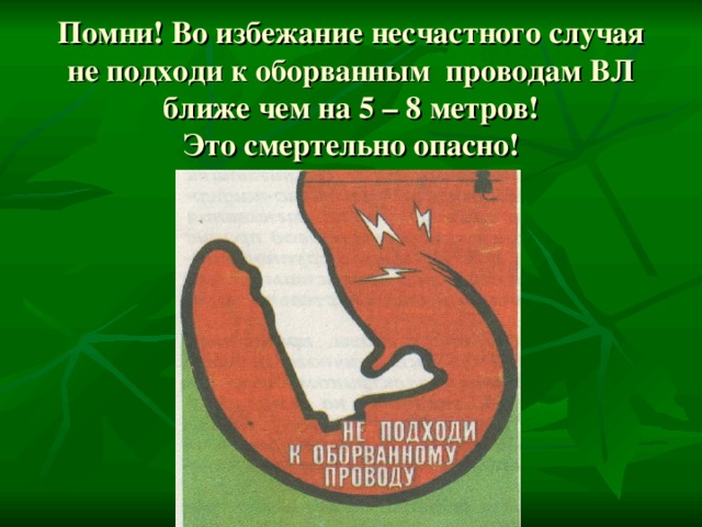 Помни! Во избежание несчастного случая не подходи к оборванным проводам ВЛ ближе чем на 5 – 8 метров!  Это смертельно опасно! 