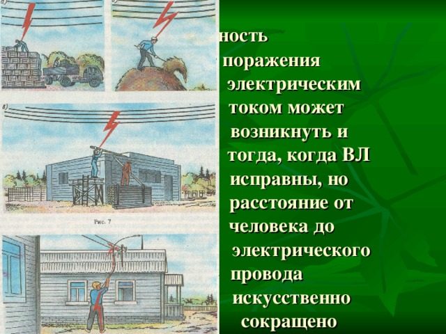  Опасность  поражения  электрическим  током может  возникнуть и  тогда, когда ВЛ  исправны, но  расстояние от  человека до  электрического  провода  искусственно  сокращено 