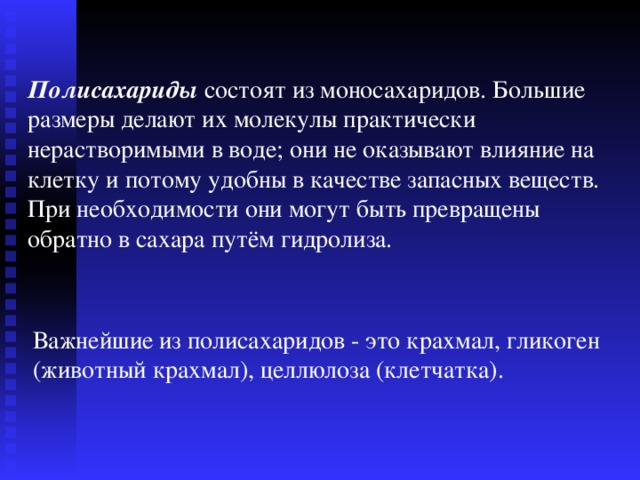 Полисахариды состоят из моносахаридов. Большие размеры делают их молекулы практически нерастворимыми в воде; они не оказывают влияние на клетку и потому удобны в качестве запасных веществ. При необходимости они могут быть превращены обратно в сахара путём гидролиза. Важнейшие из полисахаридов - это крахмал, гликоген (животный крахмал), целлюлоза (клетчатка).  
