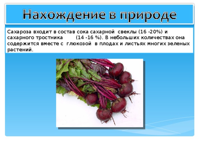 Сахароза входит в состав сока сахарной свеклы (16 -20%) и сахарного тростника (14 -16 %). В небольших количествах она содержится вместе с глюкозой в плодах и листьях многих зеленых растений. 