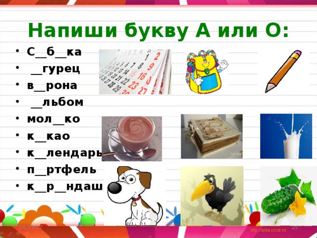 Напиши букву А или О: С__б__ка  __гурец в__рона  __льбом мол__ко к__као к__лендарь п__ртфель к__р__ндаш  24 06.03.17  
