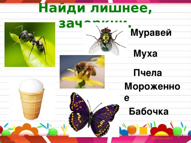 Найди лишнее, зачеркни. Муравей Муха Пчела Мороженное Медведь Бабочка 06.03.17   