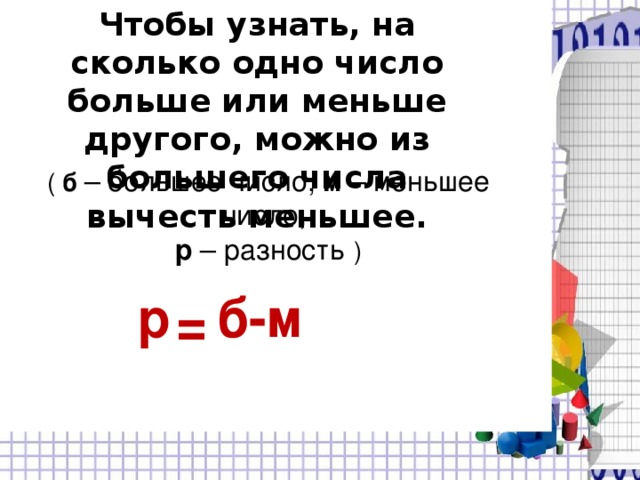 Чтобы узнать, на сколько одно число больше или меньше другого, можно из большего числа вычесть меньшее. ( б  – большее число, м – меньшее число, р – разность ) р б-м = 