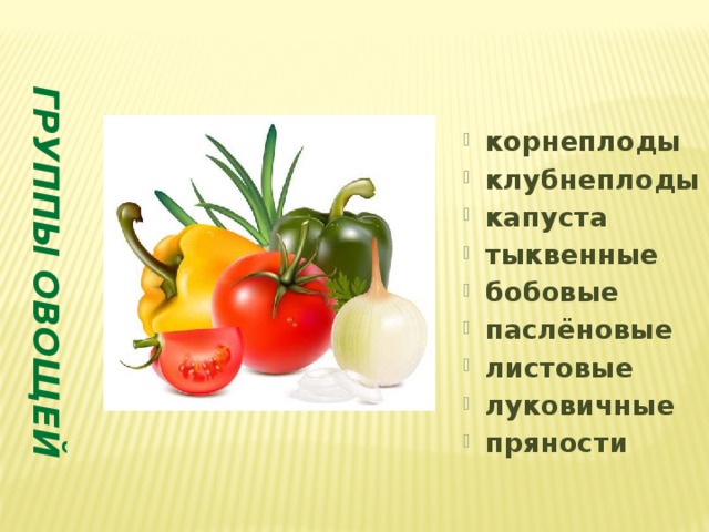 ГРУППЫ ОВОЩЕЙ корнеплоды клубнеплоды капуста тыквенные бобовые паслёновые листовые луковичные пряности 