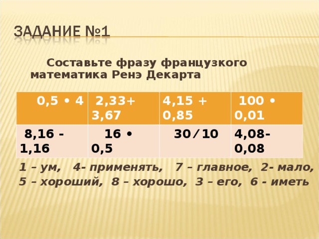  Составьте фразу французкого математика Ренэ Декарта  1 – ум, 4- применять, 7 – главное, 2- мало, 5 – хороший, 8 – хорошо, 3 – его, 6 - иметь   0,5 • 4  2,33+ 3,67  8,16  -  1,16  16 • 0,5 4,15 + 0,85  100 • 0,01  30 ⁄ 10 4,08- 0,08 