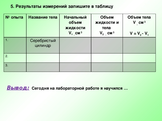 5. Результаты измерений запишите в таблицу № опыта Название тела 1. Начальный объем жидкости Серебристый цилиндр 2. 3. V 1 , см  3 Объем жидкости и тела  V 2 , см  3 Объем тела V , см  3  V  = V 2 -  V 1 Вывод:  Сегодня на лабораторной работе я научился … 