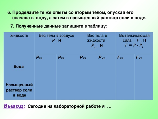 6. Проделайте те же опыты со вторым телом, опуская его  сначала в воду, а затем в насыщенный раствор соли в воде. 7. Полученные данные запишите в таблицу: жидкость Вес тела в воздухе Р ,  Н Вода Р V1 Вес тела в жидкости Р V2 Насыщенный раствор соли Р 1 ,  Н Р V1  в воде Выталкивающая сила F , Н Р V2 F = Р - Р 1 F V1 F V2 Вывод : Сегодня на лабораторной работе я … 
