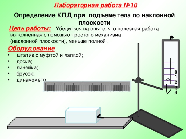 Лабораторная работа №10 Определение КПД при подъеме тела по наклонной плоскости Цель работы:  Убедиться на опыте, что полезная работа,  выполненная с помощью простого механизма  (наклонной плоскости), меньше полной . Оборудование штатив с муфтой и лапкой;  доска;  линейка;  брусок;  динамометр. 0 1 2 3 4 