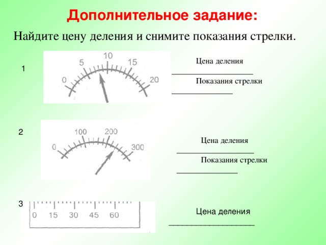 Дополнительное задание: Найдите цену деления и снимите показания стрелки.  Цена деления ____________________  Показания стрелки _______________ 1 2  Цена деления ___________________  Показания стрелки _______________ 3  Цена деления ___________________ 