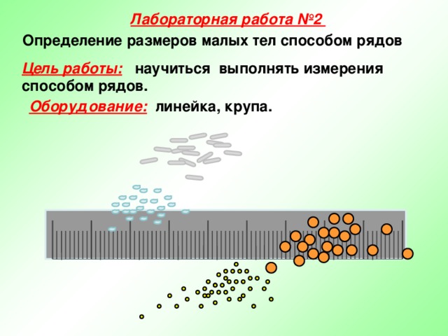 Лабораторная работа №2 Определение размеров малых тел способом рядов Цель работы:  научиться выполнять измерения способом рядов. Оборудование:  линейка, крупа. 