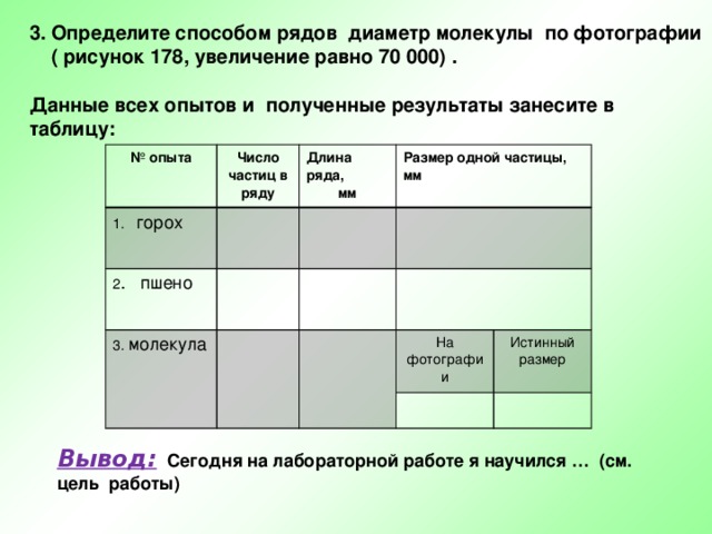 3. Определите способом рядов диаметр молекулы по фотографии  ( рисунок 178, увеличение равно 70 000) .  Данные всех опытов и полученные результаты занесите в таблицу: № опыта Число частиц в ряду 1. горох Длина ряда, 2 . пшено мм Размер одной частицы, мм 3. молекула На фотографии Истинный размер Вывод:  Сегодня на лабораторной работе я научился … (см. цель работы) 