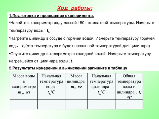 Ход работы:  1.Подготовка и проведение эксперимента. Налейте в калориметр воду массой 150 г комнатной температуры. Измерьте температуру воды t 1. Нагрейте цилиндр в сосуде с горячей водой. Измерьте температуру горячей воды t 2 (эта температура и будет начальной температурой для цилиндра) Опустите цилиндр в калориметр с холодной водой. Измерьте температуру нагревшейся от цилиндра воды , t. 2.Результаты измерений и вычислений запишите в таблицу  Масса воды в калориметре m 1 , кг Начальная температура воды Масса цилиндра m 2 , кг t 1, 0 C Начальная температура цилиндра t 2, 0 C Общая температура воды и цилиндра , t, 0 C 