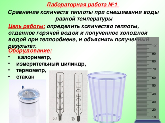 Лабораторная работа №1 Сравнение количеств теплоты при смешивании воды разной температуры Цель работы:  определить количество теплоты, отданное горячей водой и полученное холодной водой при теплообмене, и объяснить полученный результат . 100 Оборудование:   калориметр, измерительный цилиндр, термометр, стакан 90 80 70 60 50 40 30 20 10 